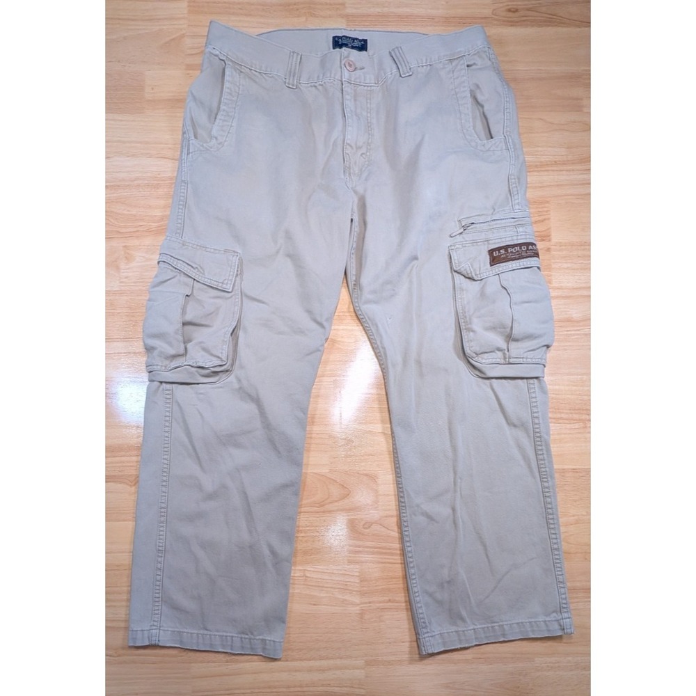 US Polo Assn Cargo Pants Mens 36x29 Beige Khaki Straight Leg Distressed Cuffs